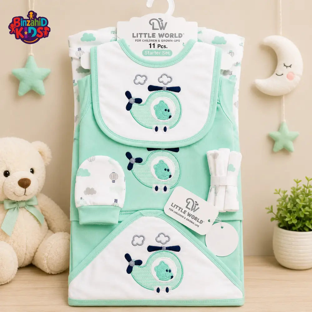 LITTLE WORLD 11 PCS STARTER SET – HELICOPTER BEAR EMBROIDERED DESIGN (MINT GREEN)
