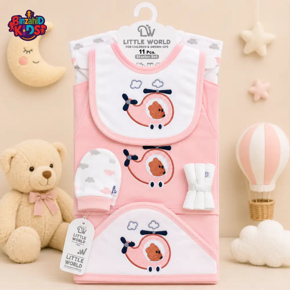 LITTLE WORLD 11 PCS STARTER SET – HELICOPTER BEAR EMBROIDERED DESIGN (PINK)