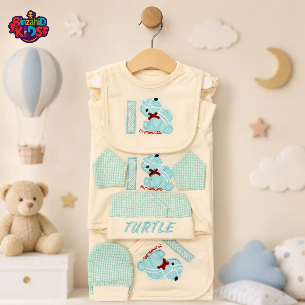 LITTLE WORLD 12 PCS NEWBORN BABY STARTER GIFT SET – TURTLE EMBROIDERED DESIGN (CREAM & MINT GREEN)