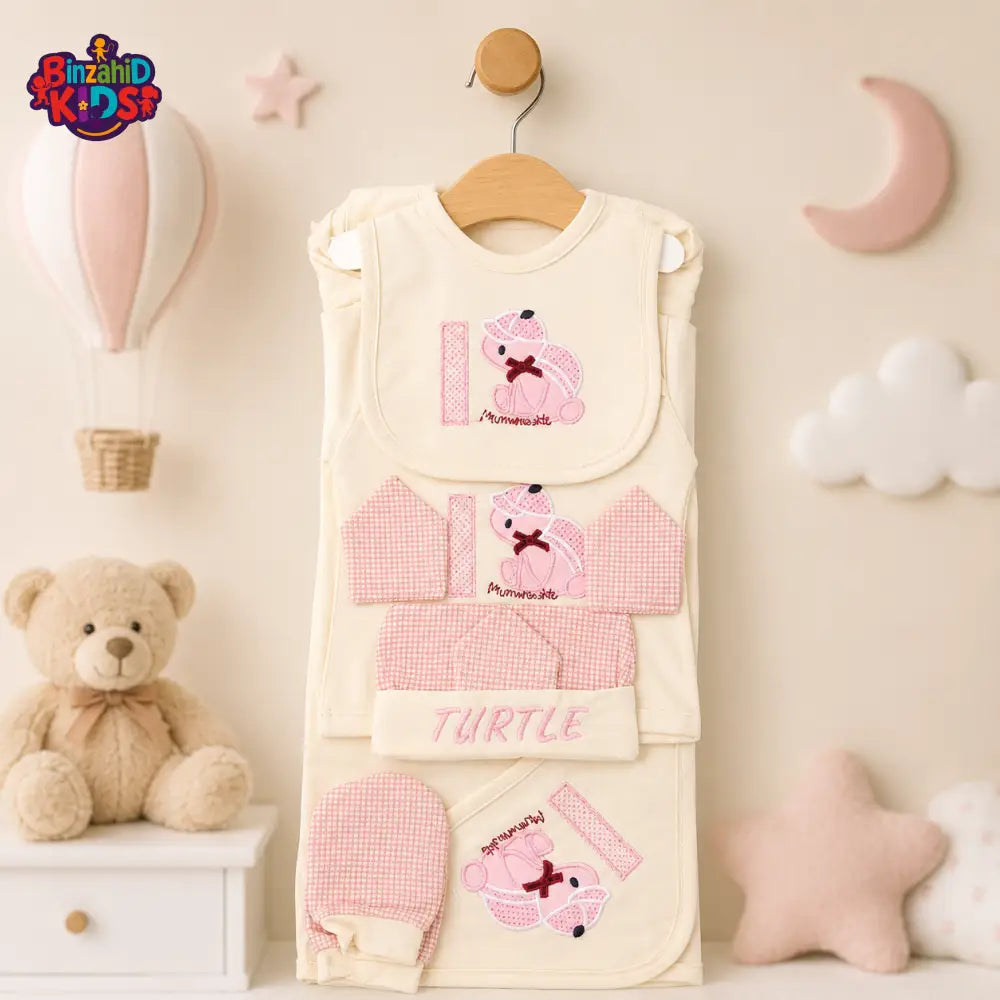 LITTLE WORLD 12 PCS NEWBORN BABY STARTER GIFT SET – TURTLE EMBROIDERED DESIGN (CREAM & PINK)