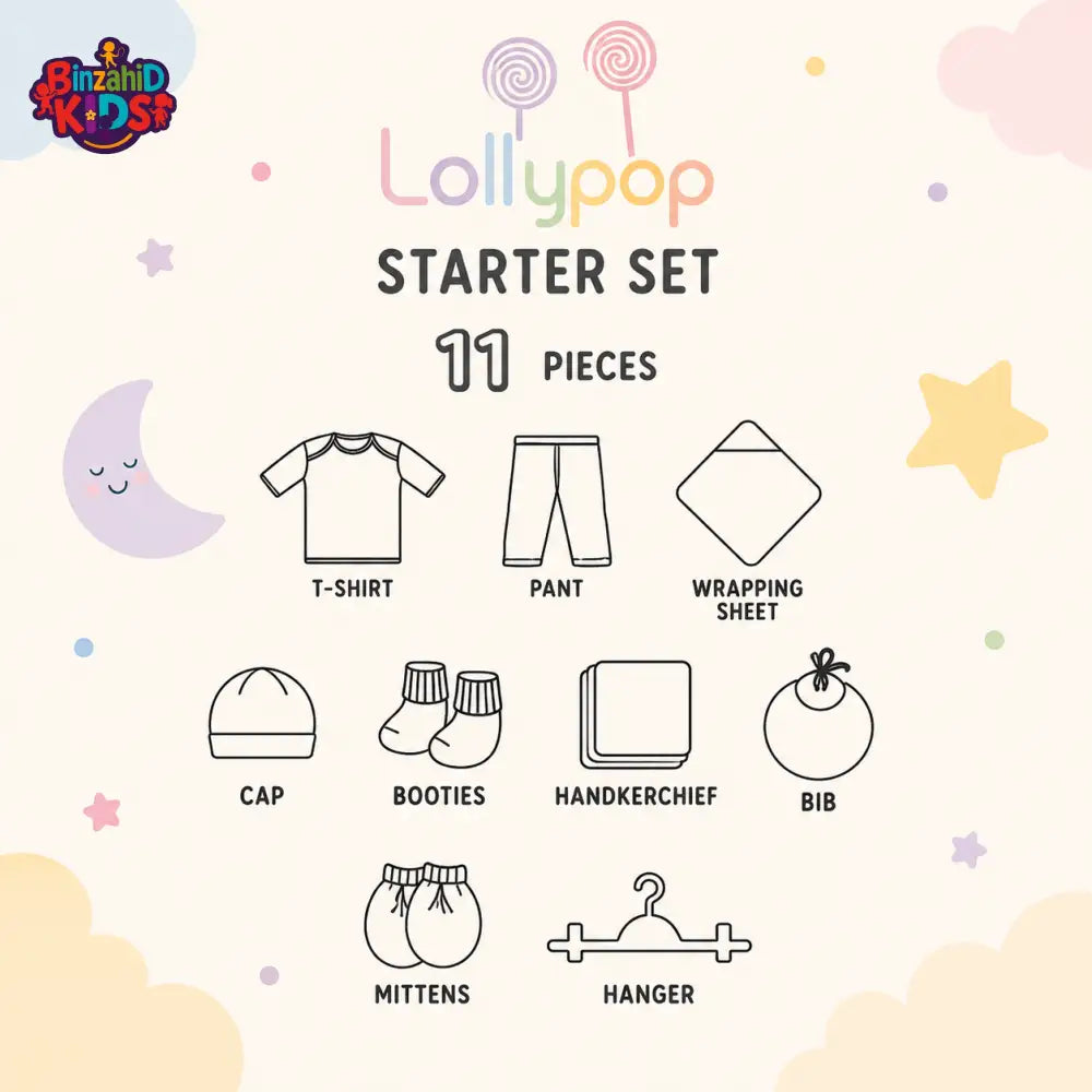 LOLYPOP 11 PCS NEWBORN BABY STARTER GIFT SET – HELLO LITTLE ONE DESIGN (WHITE)
