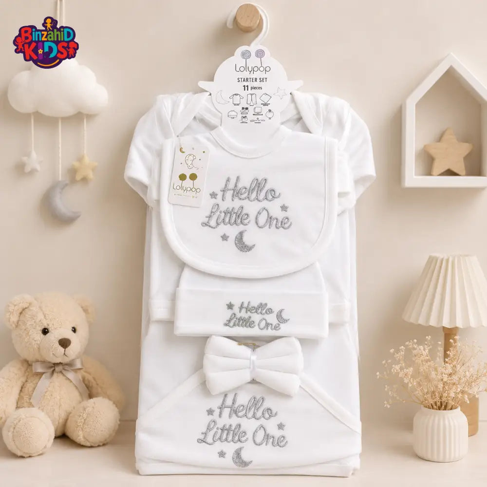 LOLYPOP 11 PCS NEWBORN BABY STARTER GIFT SET – HELLO LITTLE ONE DESIGN (WHITE)