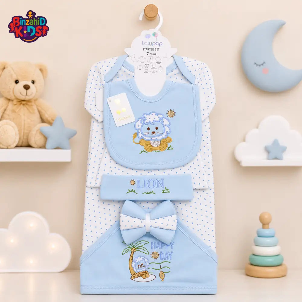 LOLYPOP 11 PCS NEWBORN BABY STARTER GIFT SET – LION EMBROIDERED DESIGN (BABY BLUE)