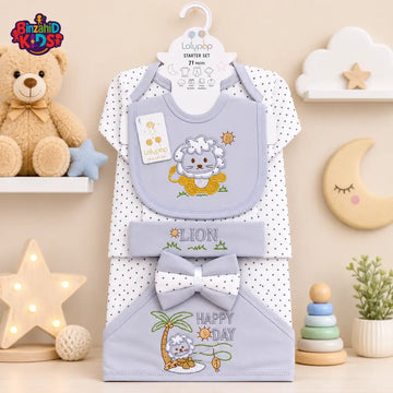 LOLYPOP 11 PCS NEWBORN BABY STARTER GIFT SET – LION EMBROIDERED DESIGN (LAVENDER GREY)
