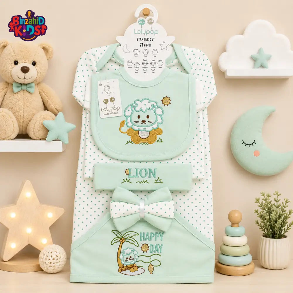 LOLYPOP 11 PCS NEWBORN BABY STARTER GIFT SET – LION EMBROIDERED DESIGN (MINT GREEN)
