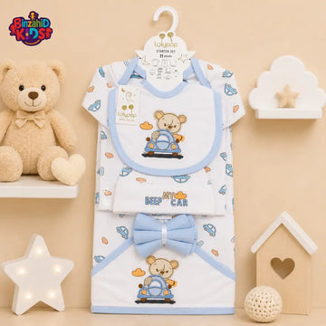 LOLYPOP 11 PCS NEWBORN BABY STARTER GIFT SET – TEDDY BEAR CAR EMBROIDERED DESIGN (BABY BLUE)