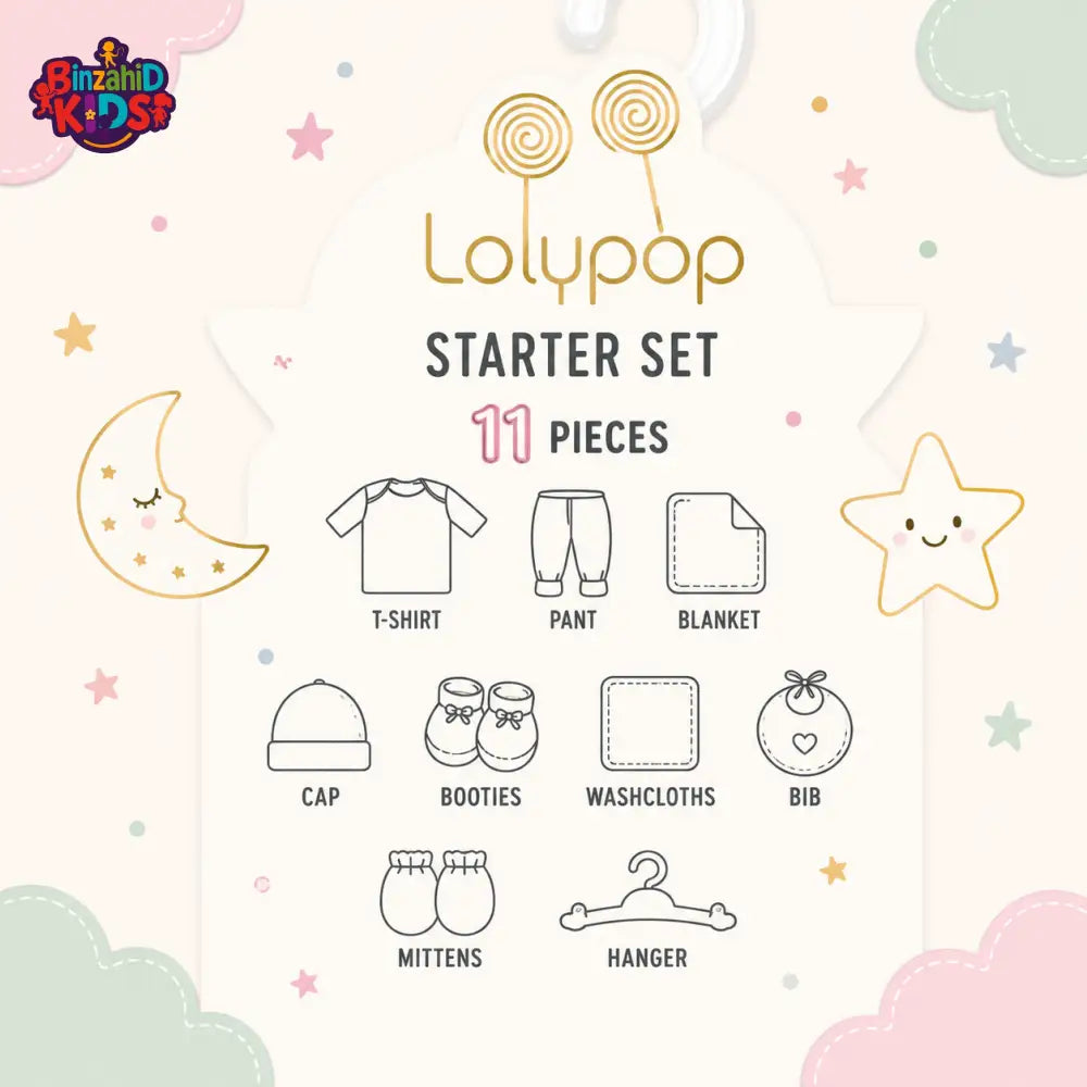 LOLYPOP 11 PCS NEWBORN BABY STARTER GIFT SET – TEDDY BEAR CAR EMBROIDERED DESIGN (BABY BLUE)