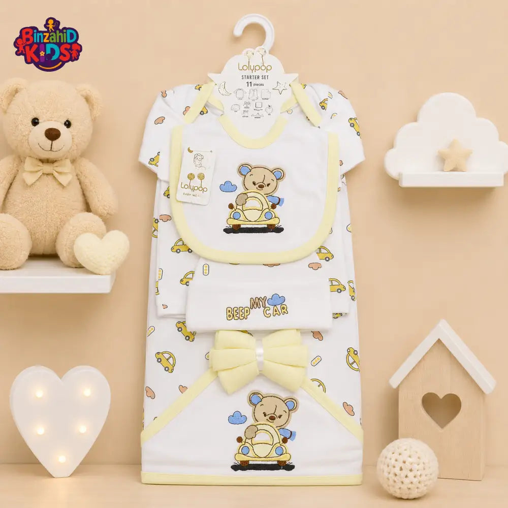 LOLYPOP 11 PCS NEWBORN BABY STARTER GIFT SET – TEDDY BEAR CAR EMBROIDERED DESIGN (PASTEL YELLOW)