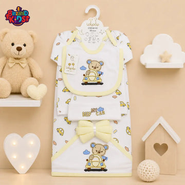 LOLYPOP 11 PCS NEWBORN BABY STARTER GIFT SET – TEDDY BEAR CAR EMBROIDERED DESIGN (PASTEL YELLOW)