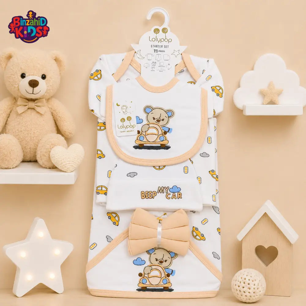 LOLYPOP 11 PCS NEWBORN BABY STARTER GIFT SET – TEDDY BEAR CAR EMBROIDERED DESIGN (PEACH)