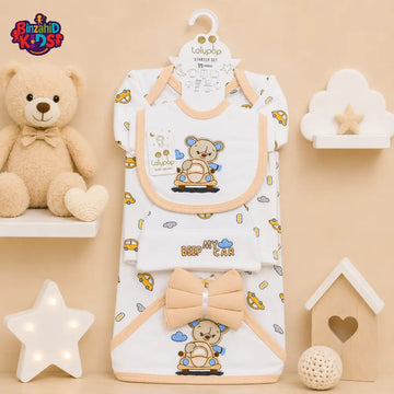 LOLYPOP 11 PCS NEWBORN BABY STARTER GIFT SET – TEDDY BEAR CAR EMBROIDERED DESIGN (PEACH)