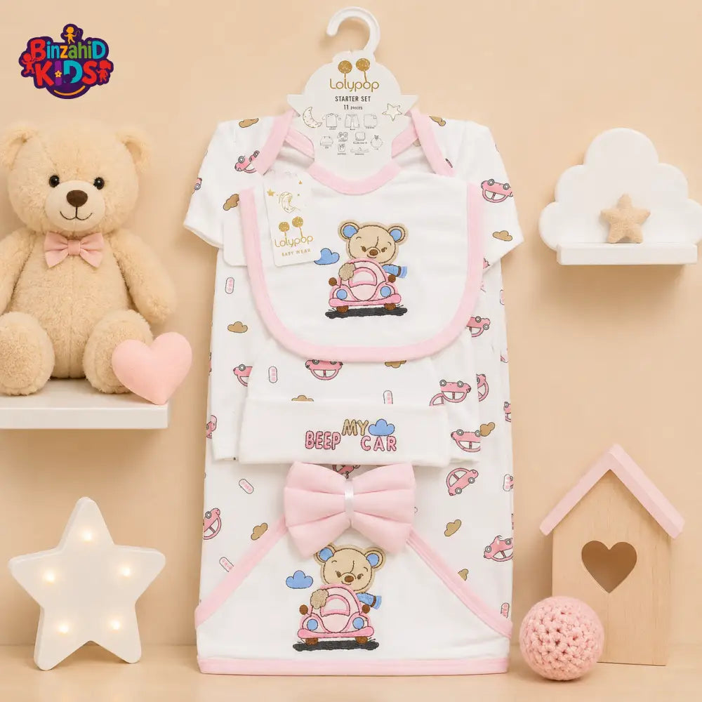 LOLYPOP 11 PCS NEWBORN BABY STARTER GIFT SET – TEDDY BEAR CAR EMBROIDERED DESIGN (PINK)