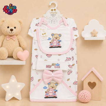 LOLYPOP 11 PCS NEWBORN BABY STARTER GIFT SET – TEDDY BEAR CAR EMBROIDERED DESIGN (PINK)