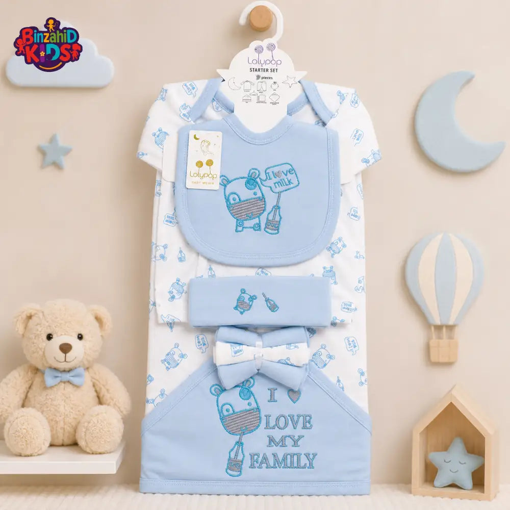 LOLYPOP 9 PCS NEWBORN BABY STARTER GIFT SET – I LOVE MY FAMILY EMBROIDERED DESIGN (BABY BLUE)