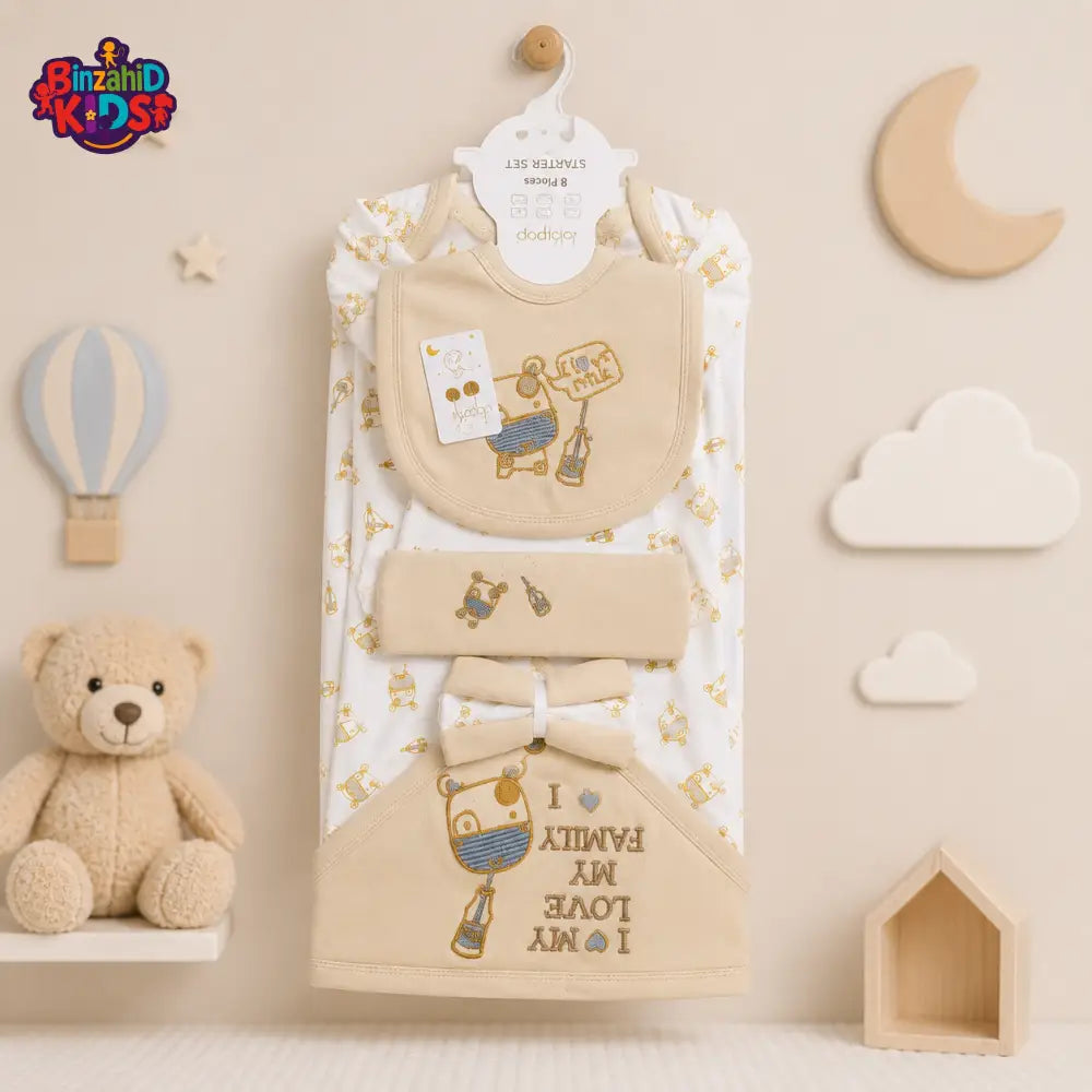 LOLYPOP 9 PCS NEWBORN BABY STARTER GIFT SET – I LOVE MY FAMILY EMBROIDERED DESIGN (CREAM)