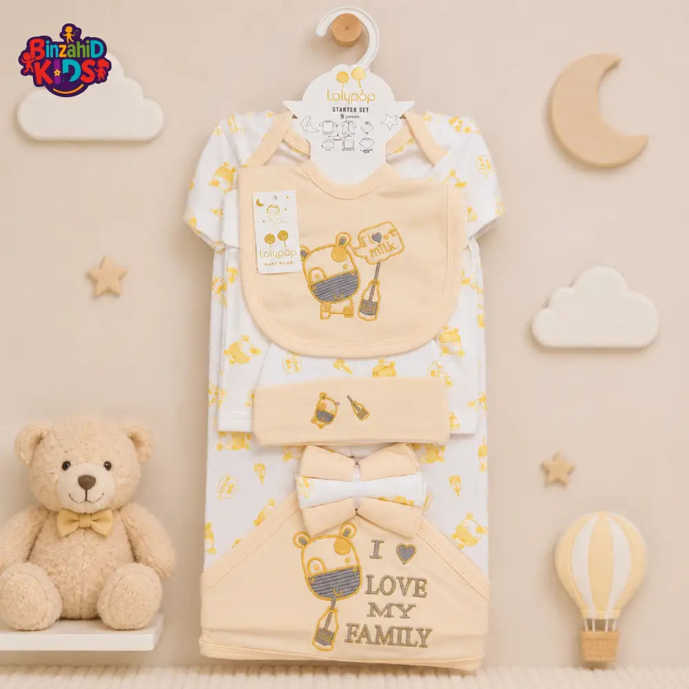 LOLYPOP 9 PCS NEWBORN BABY STARTER GIFT SET – I LOVE MY FAMILY EMBROIDERED DESIGN (CREAM YELLOW)