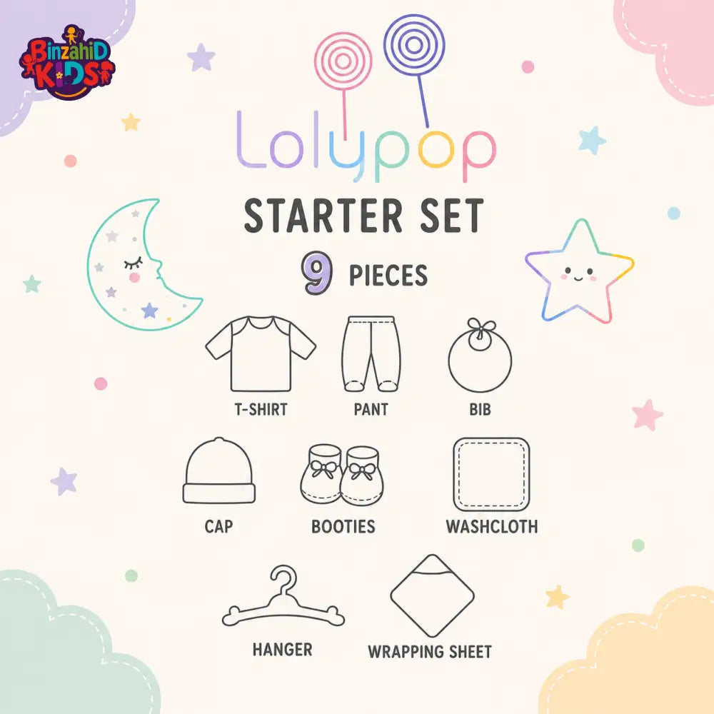 LOLYPOP 9 PCS NEWBORN BABY STARTER GIFT SET – I LOVE MY FAMILY EMBROIDERED DESIGN (GREY)