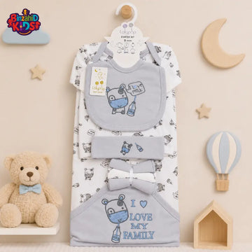 LOLYPOP 9 PCS NEWBORN BABY STARTER GIFT SET – I LOVE MY FAMILY EMBROIDERED DESIGN (GREY)