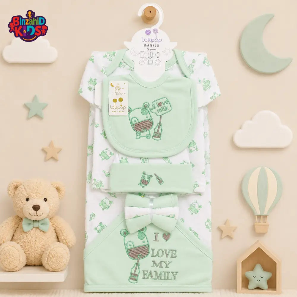 LOLYPOP 9 PCS NEWBORN BABY STARTER GIFT SET – I LOVE MY FAMILY EMBROIDERED DESIGN (MINT GREEN)