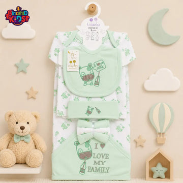 LOLYPOP 9 PCS NEWBORN BABY STARTER GIFT SET – I LOVE MY FAMILY EMBROIDERED DESIGN (MINT GREEN)
