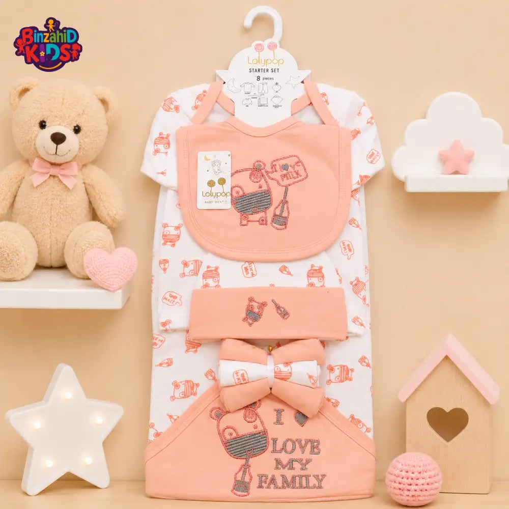 LOLYPOP 9 PCS NEWBORN BABY STARTER GIFT SET – I LOVE MY FAMILY EMBROIDERED DESIGN (PEACH)