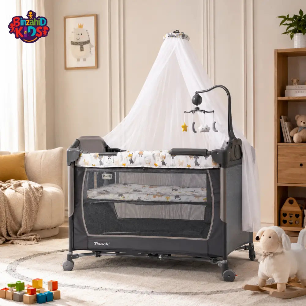 LUXURY BABY PLAYPEN COT WITH MOSQUITO NET AND TOY BAR - BLACK