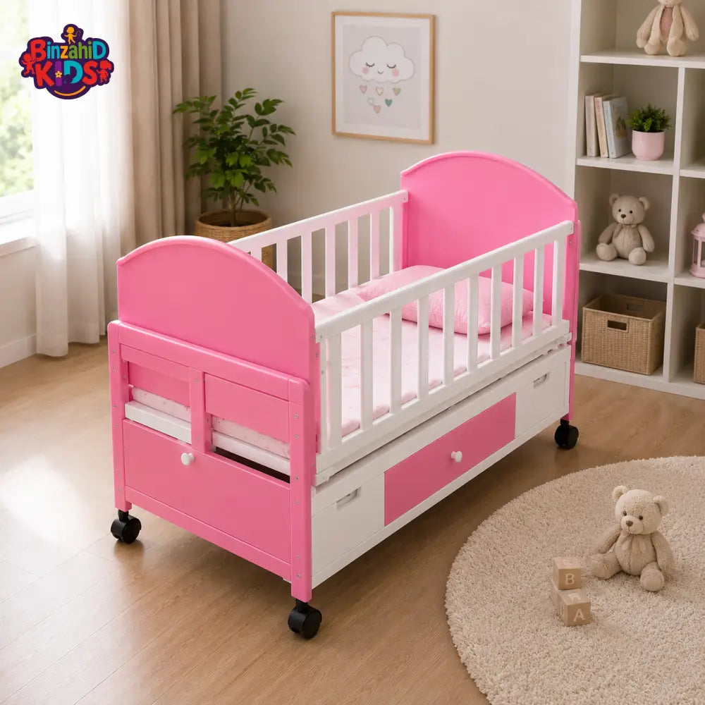 MODERN WOODEN BABY CRIB WITH STORAGE DRAWER - PINK