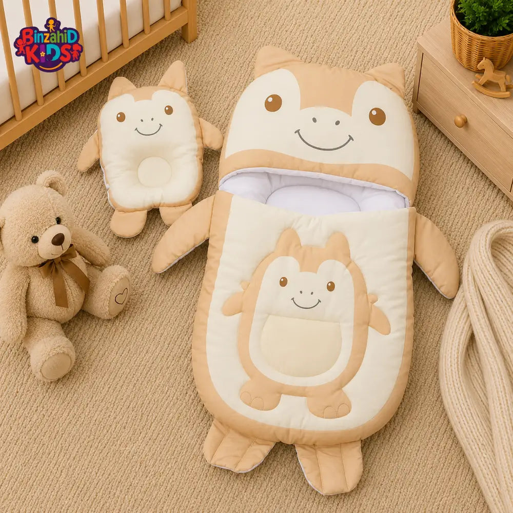 MONSTER DESIGN COTTON POLYESTER BABY SLEEPING BAG WITH MATCHING PILLOW - BEIGE