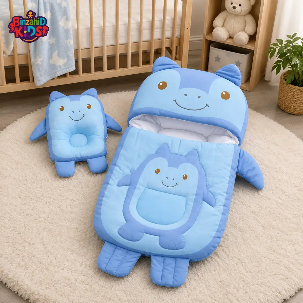 MONSTER DESIGN COTTON POLYESTER BABY SLEEPING BAG WITH MATCHING PILLOW - BLUE