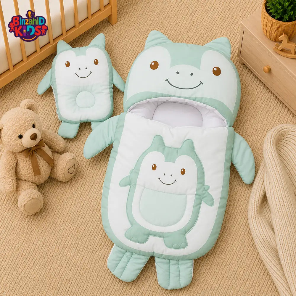 MONSTER DESIGN COTTON POLYESTER BABY SLEEPING BAG WITH MATCHING PILLOW - GREEN