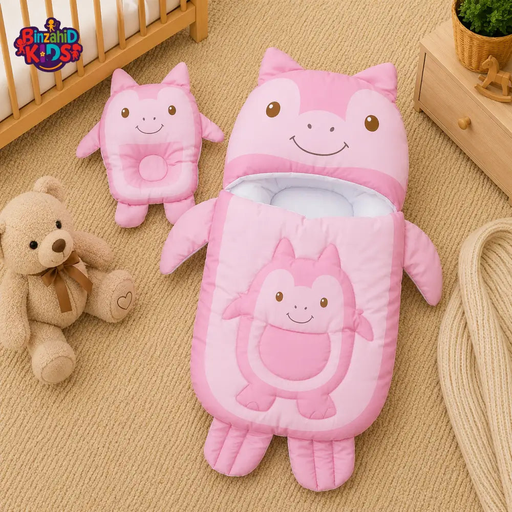 MONSTER DESIGN COTTON POLYESTER BABY SLEEPING BAG WITH MATCHING PILLOW - PINK