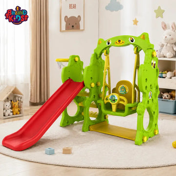 MULTIFUNCTIONAL KIDS SLIDE AND SWING PLAYSET WITH BASKETBALL HOOP