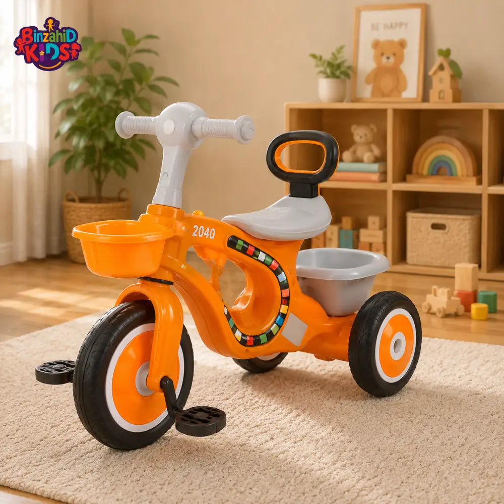 MUSICAL KIDS TRICYCLE WITH STORAGE BASKET - ORANGE