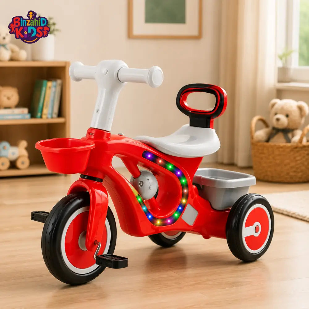MUSICAL KIDS TRICYCLE WITH STORAGE BASKET - RED