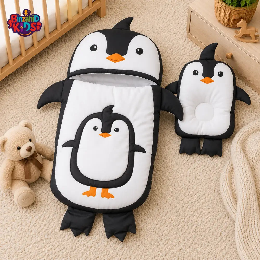 PENGUIN DESIGN COTTON POLYESTER BABY SLEEPING BAG WITH MATCHING PILLOW