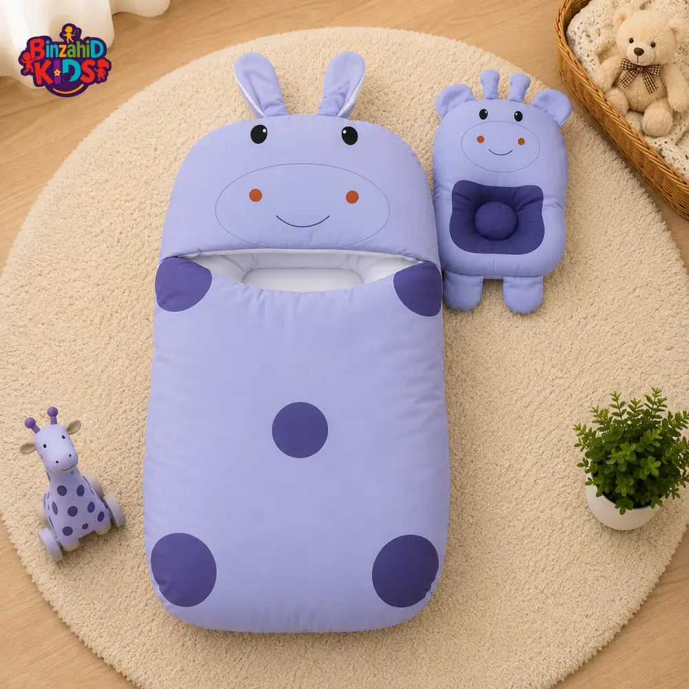 POLKA DOT GIRAFFE DESIGN COTTON POLYESTER BABY SLEEPING BAG WITH MATCHING PILLOW - BLUE