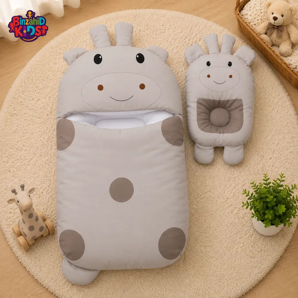 POLKA DOT GIRAFFE DESIGN COTTON POLYESTER BABY SLEEPING BAG WITH MATCHING PILLOW - GREY
