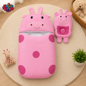 POLKA DOT GIRAFFE DESIGN COTTON POLYESTER BABY SLEEPING BAG WITH MATCHING PILLOW - PINK