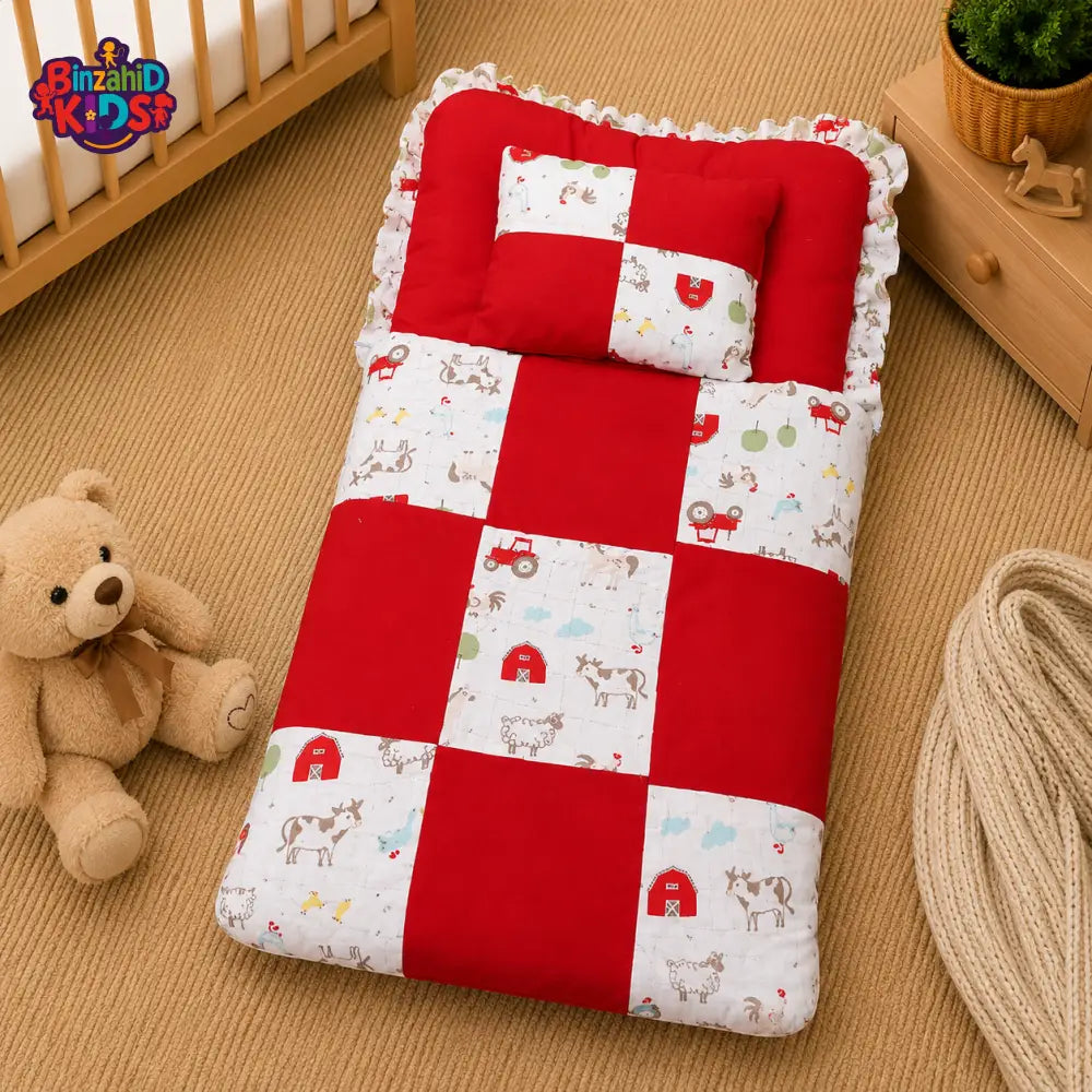 PREMIUM BABY BEDDING SET – FARMHOUSE PATCHWORK DESIGN (RED & WHITE)