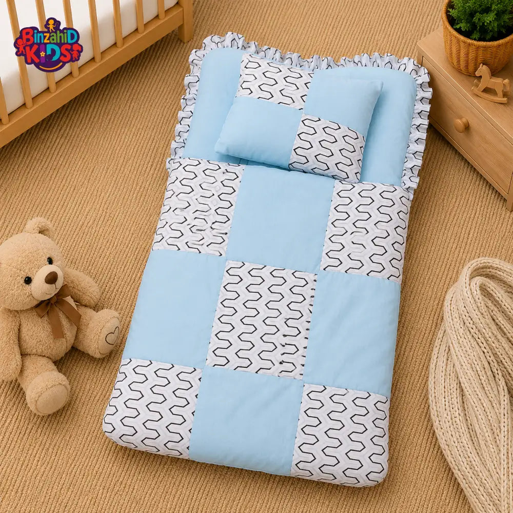 PREMIUM BABY BEDDING SET – GEOMETRIC PATCHWORK DESIGN (BABY BLUE & WHITE)