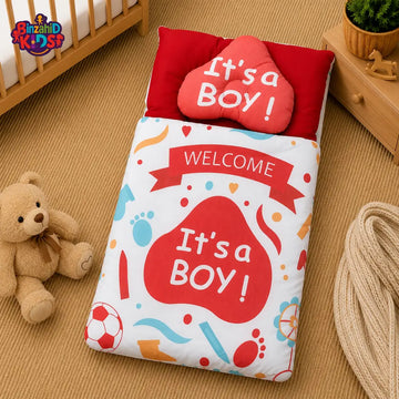 PREMIUM BABY BEDDING SET – “IT’S A BOY” CELEBRATION DESIGN (RED & WHITE)