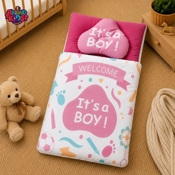 PREMIUM BABY BEDDING SET – PASTEL “IT’S A BOY” CELEBRATION DESIGN (PINK & WHITE)
