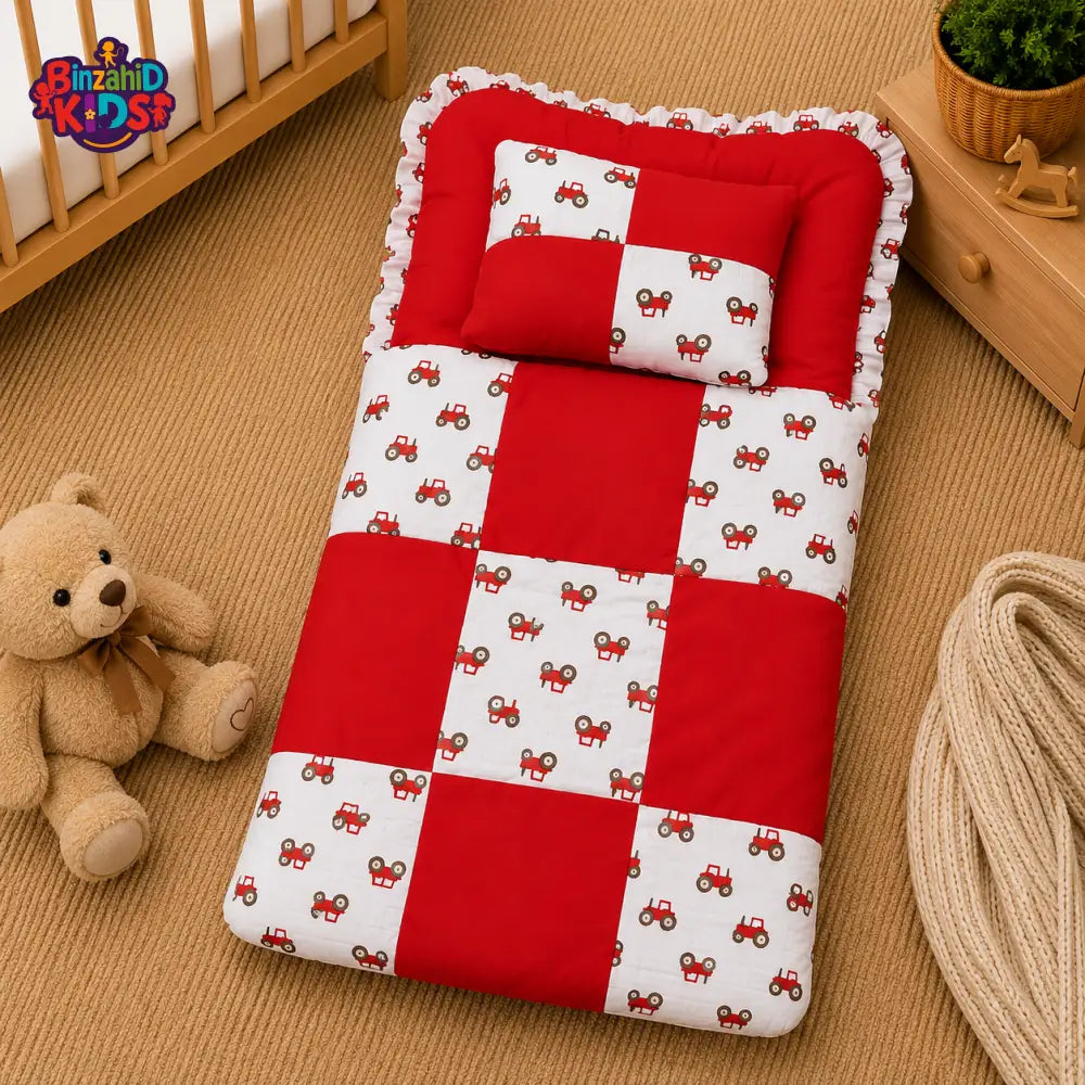 PREMIUM BABY BEDDING SET – TRACTOR PATCHWORK DESIGN (RED & WHITE)