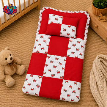 PREMIUM BABY BEDDING SET – TRACTOR PATCHWORK DESIGN (RED & WHITE)
