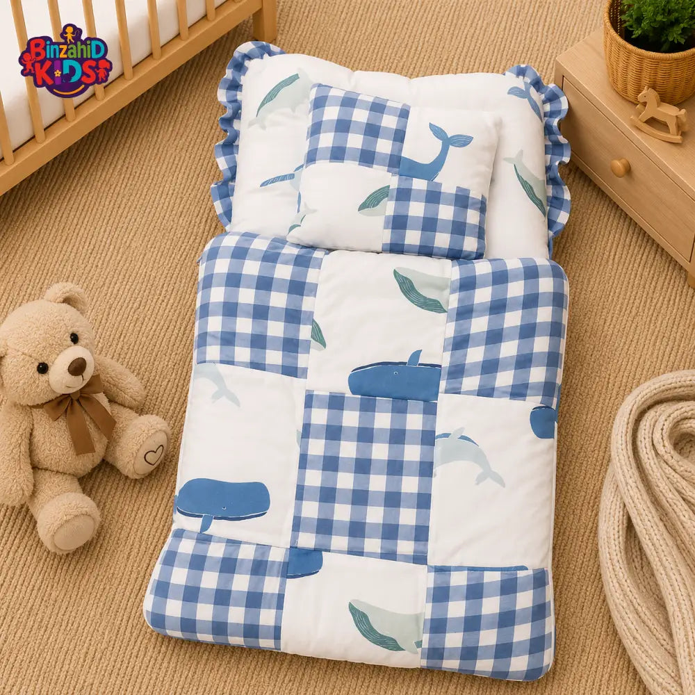 PREMIUM BABY BEDDING SET – WHALE PATCHWORK DESIGN (BLUE & WHITE)