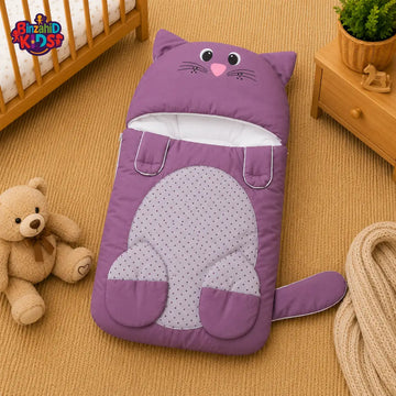 PREMIUM BABY HOODED SLEEPING BAG – CUTE KITTEN DESIGN (LAVENDER & WHITE)