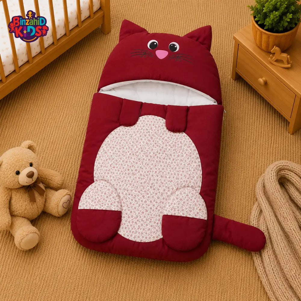 PREMIUM BABY HOODED SLEEPING BAG – CUTE KITTEN DESIGN (MAROON & WHITE)