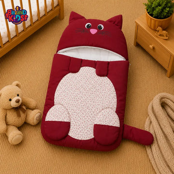 PREMIUM BABY HOODED SLEEPING BAG – CUTE KITTEN DESIGN (MAROON & WHITE)