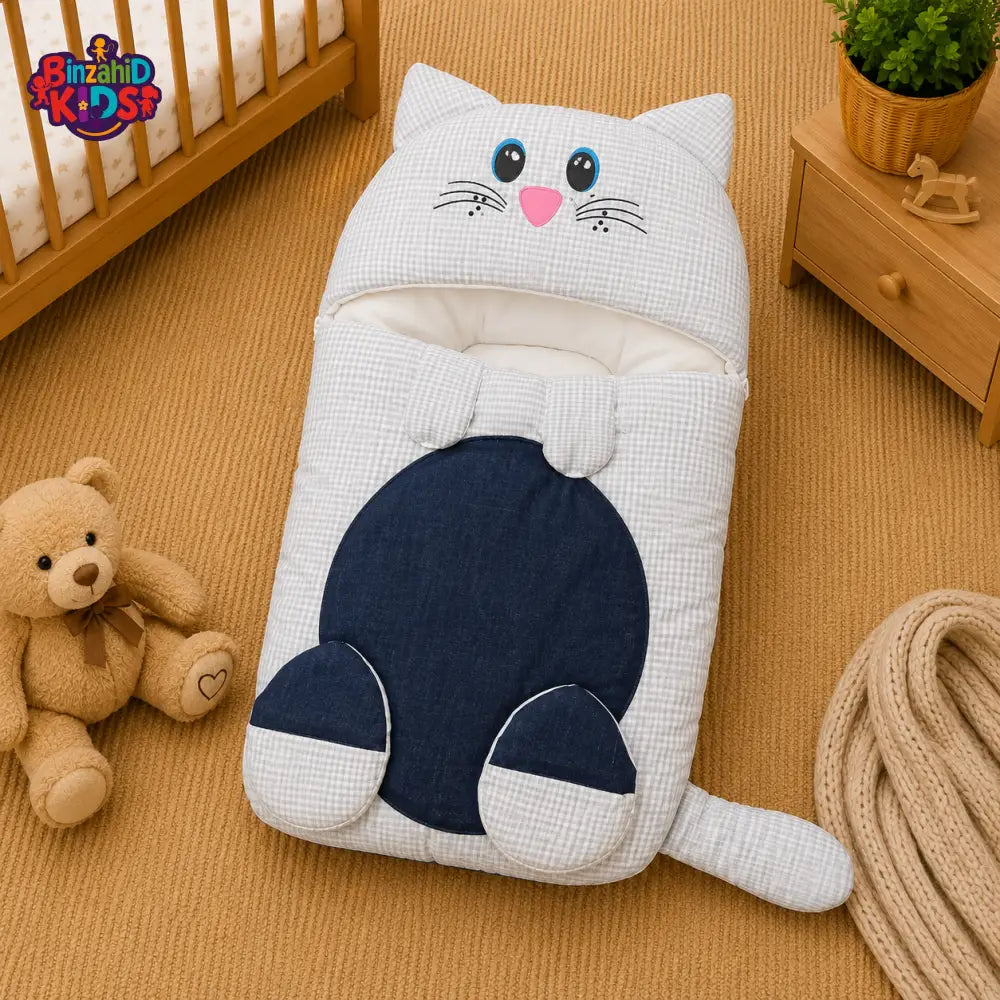 PREMIUM BABY HOODED SLEEPING BAG – CUTE KITTEN DESIGN (WHITE & NAVY BLUE)