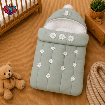 PREMIUM BABY HOODED SLEEPING BAG – FLORAL ELEGANCE DESIGN (SAGE GREEN & WHITE)